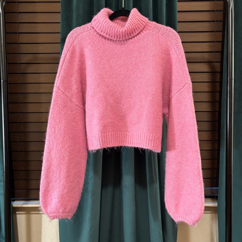 SHEIN Pink Cowl Turtleneck Sweater with Balloon Sleeves